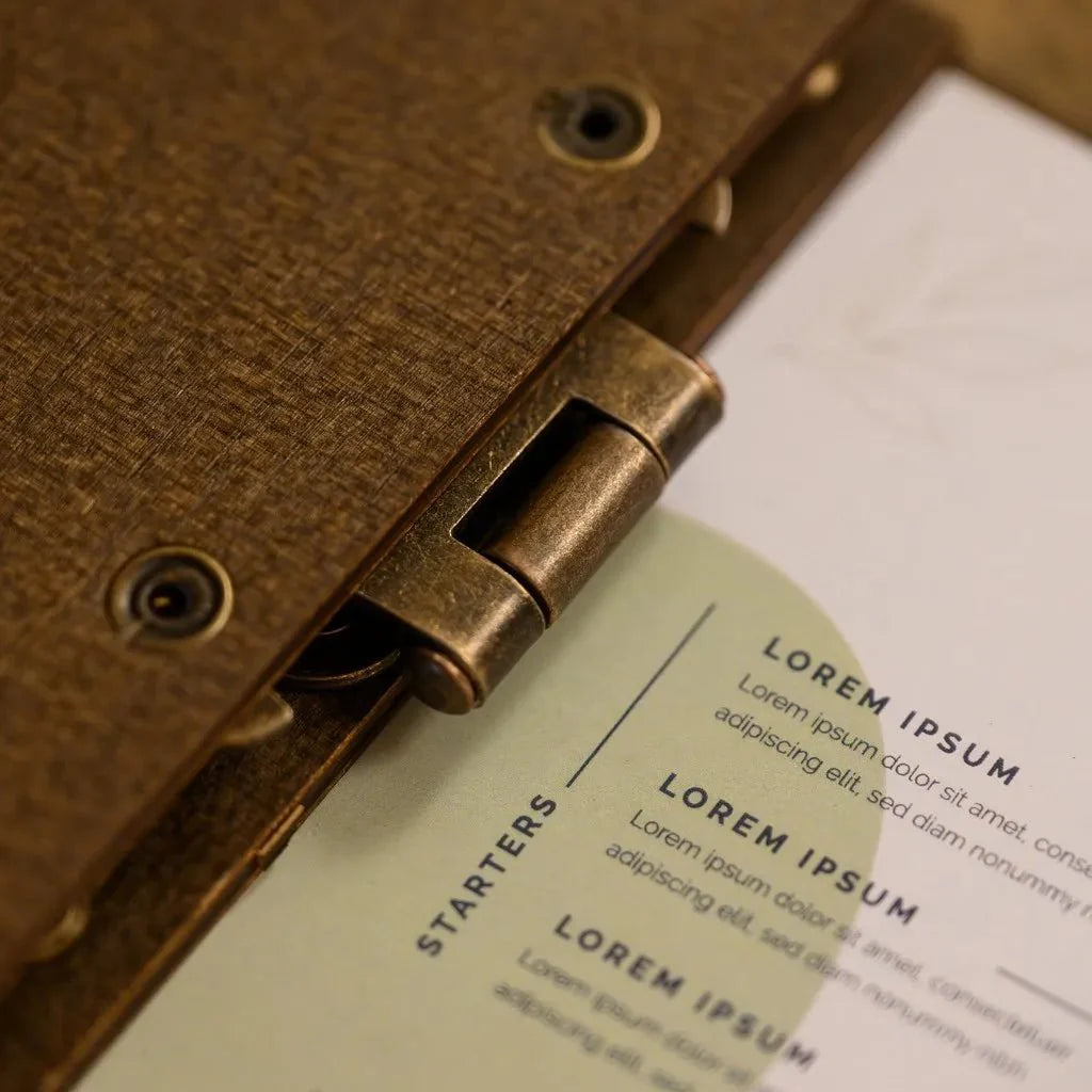 Sleek menu folder with magnetic closure.
