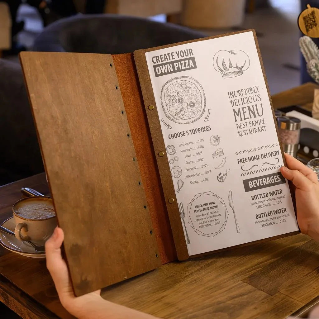 Durable restaurant menu cover with waterproof materials.