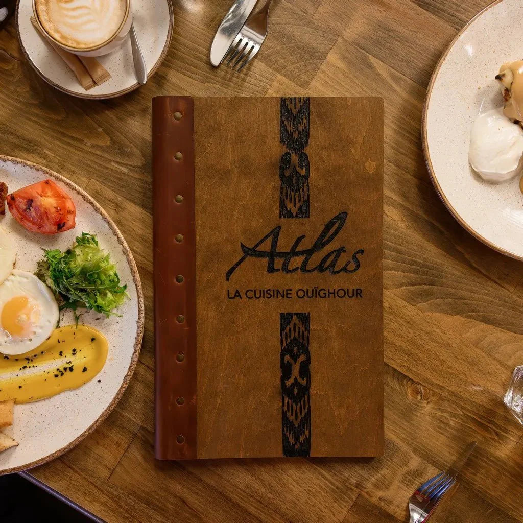 Premium menu books for restaurants with leather accents.