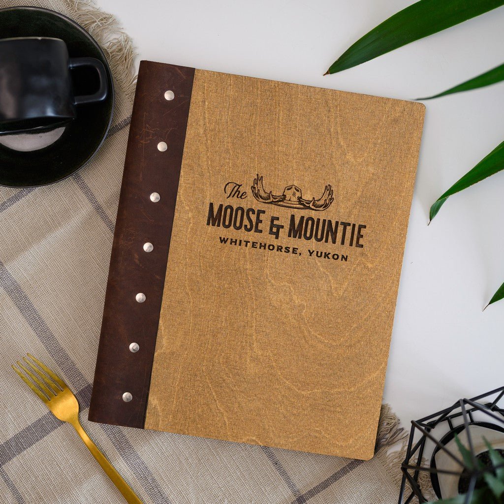 Wooden Menu Holder with Leather Spine (M03A2) - inkohoreca - shop