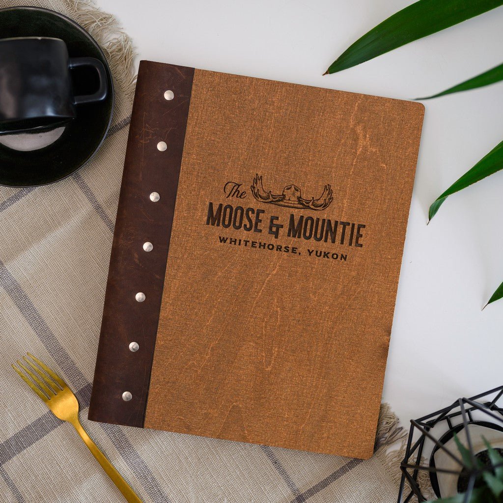 Wooden Menu Holder with Leather Spine (M03A2) - inkohoreca - shop