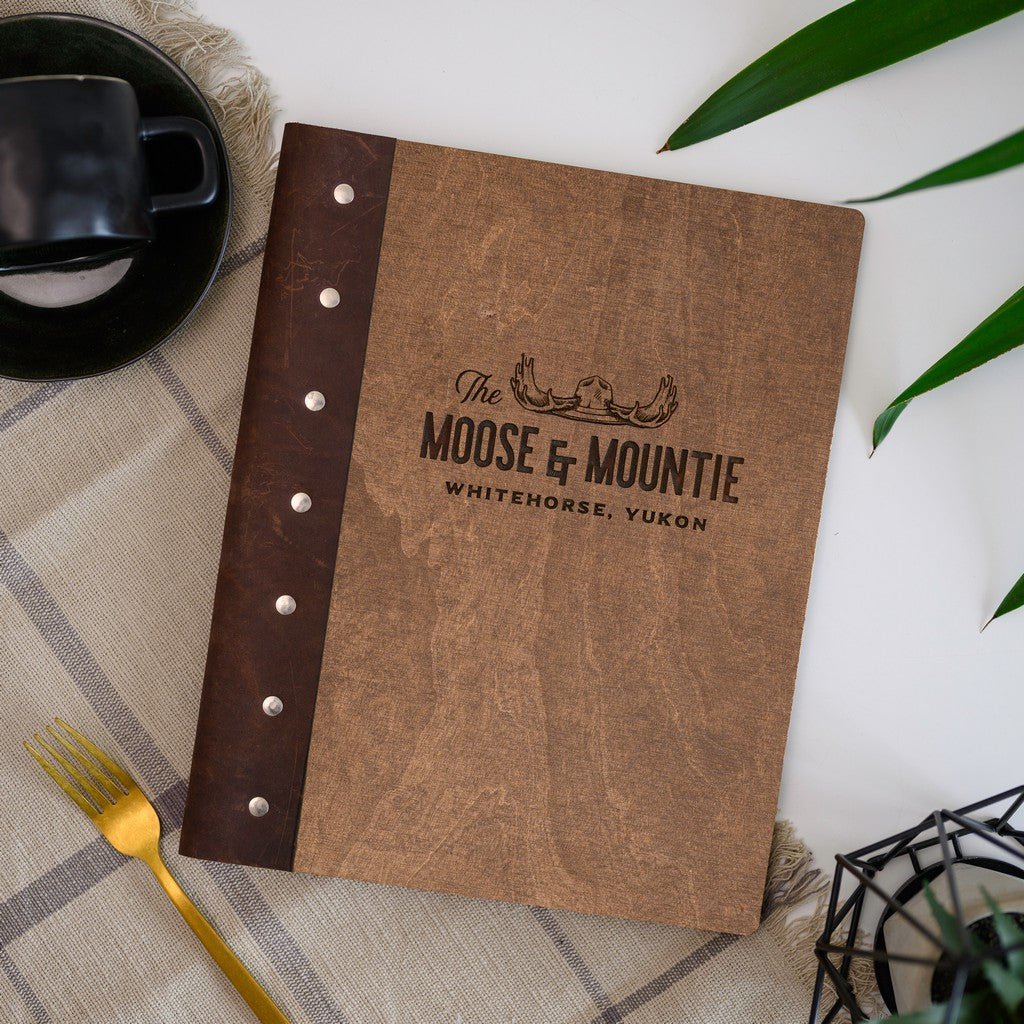 Wooden Menu Holder with Leather Spine (M03A2) - inkohoreca - shop