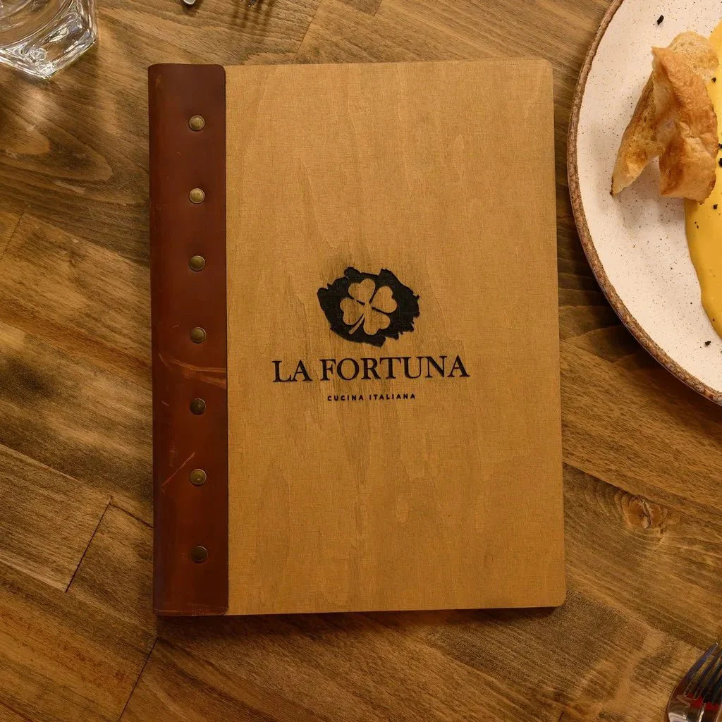 Stylish menu folder for restaurants with reinforced binding.