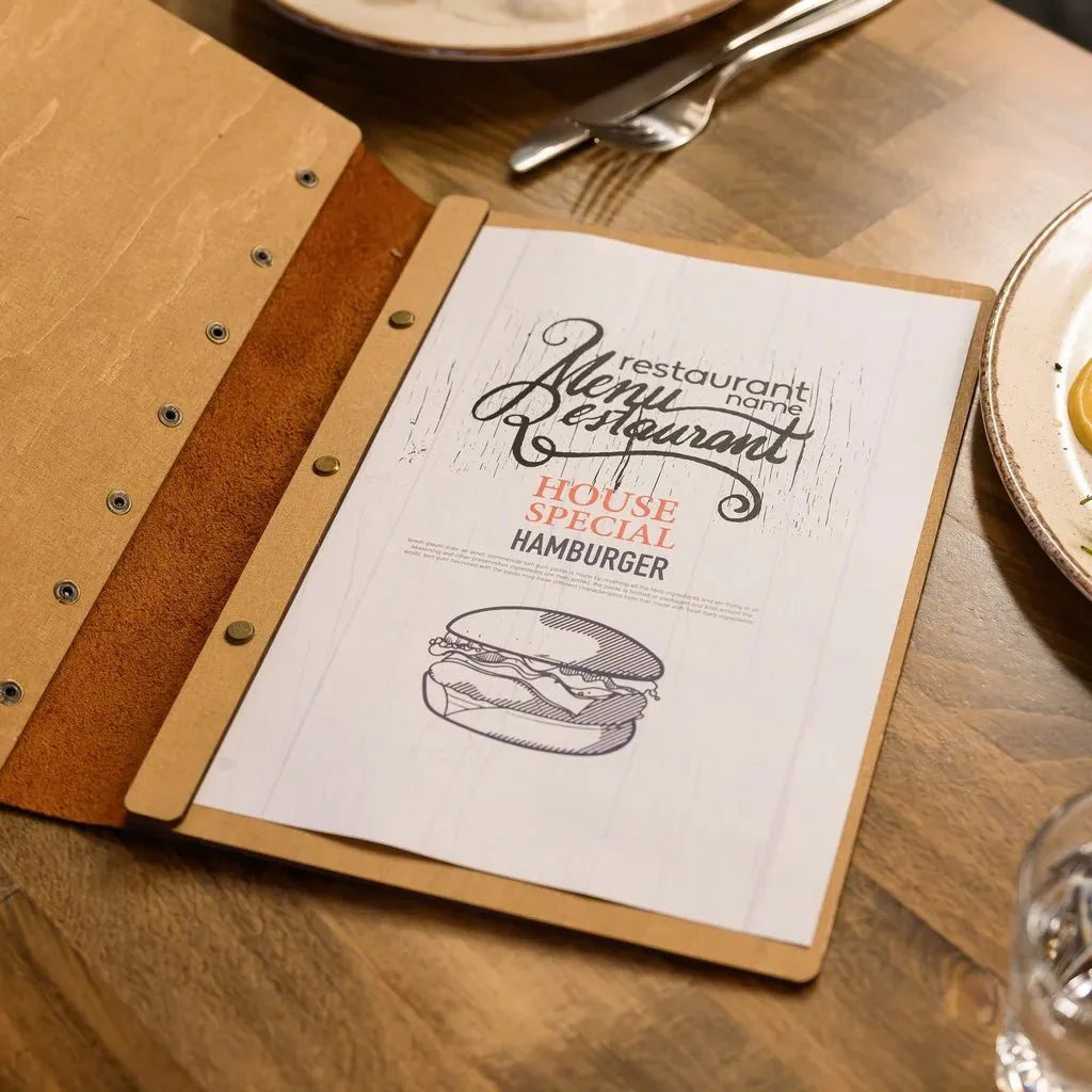Eco-friendly menu covers restaurant with sustainable materials.