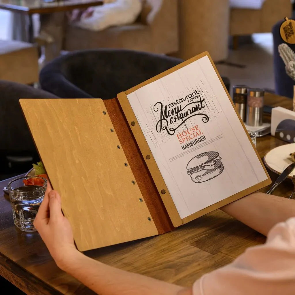 Minimalist restaurant menu book for fine dining spaces.