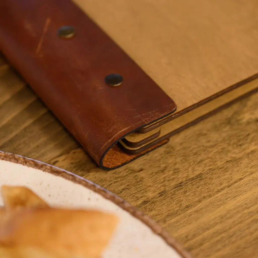 Custom leather menu covers for restaurants for branding.