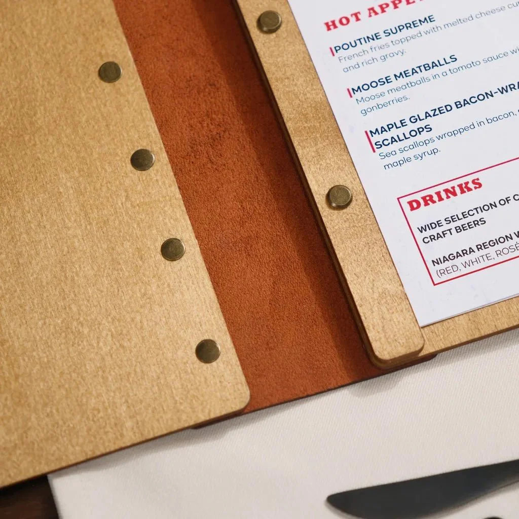 Bespoke menu covers restaurant with tailored details.