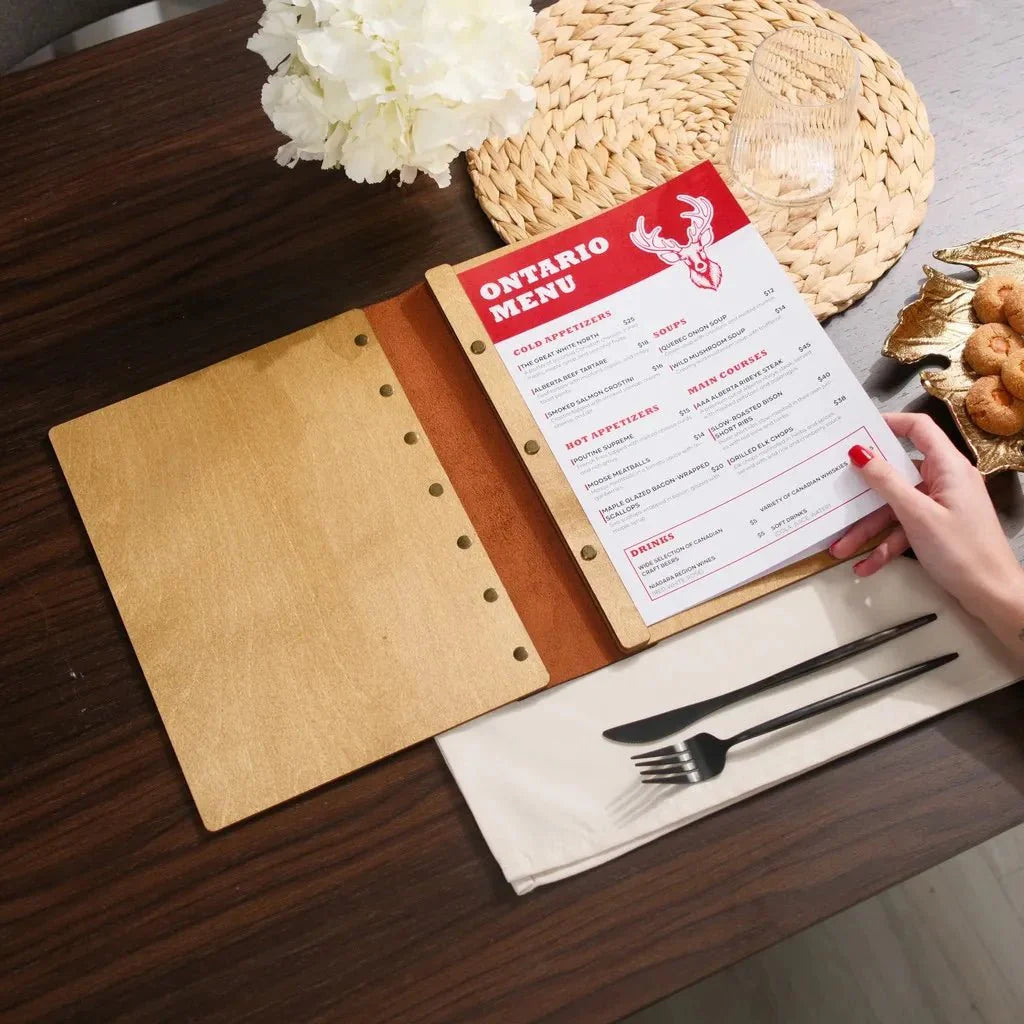 Eco-friendly menu sleeves for restaurants made from sustainable materials.