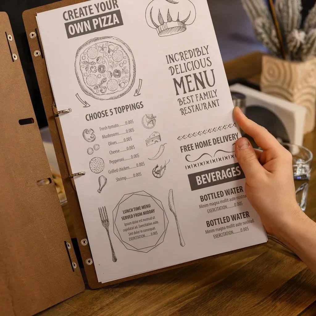 Personalized menu covers for restaurants with custom engraving.