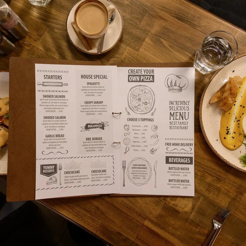 Elegant covers restaurant menu with reinforced edges.