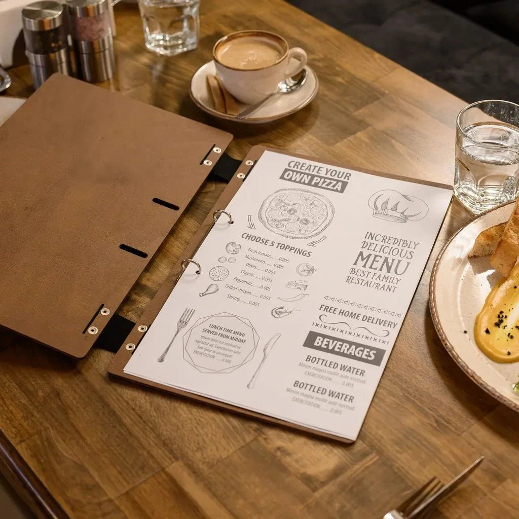 Protective restaurant menu sleeves for easy menu changes.