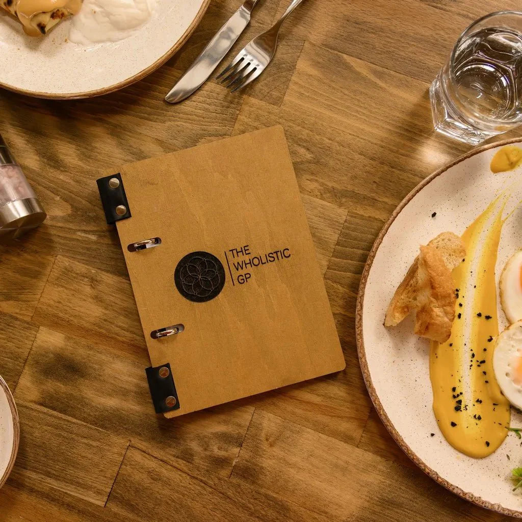 Contemporary book menu with a refined wooden cover.