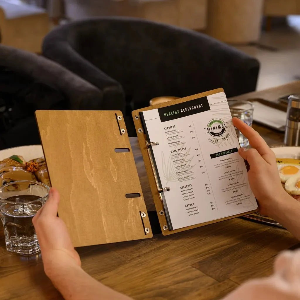 Premium custom menu covers with laser engraving.