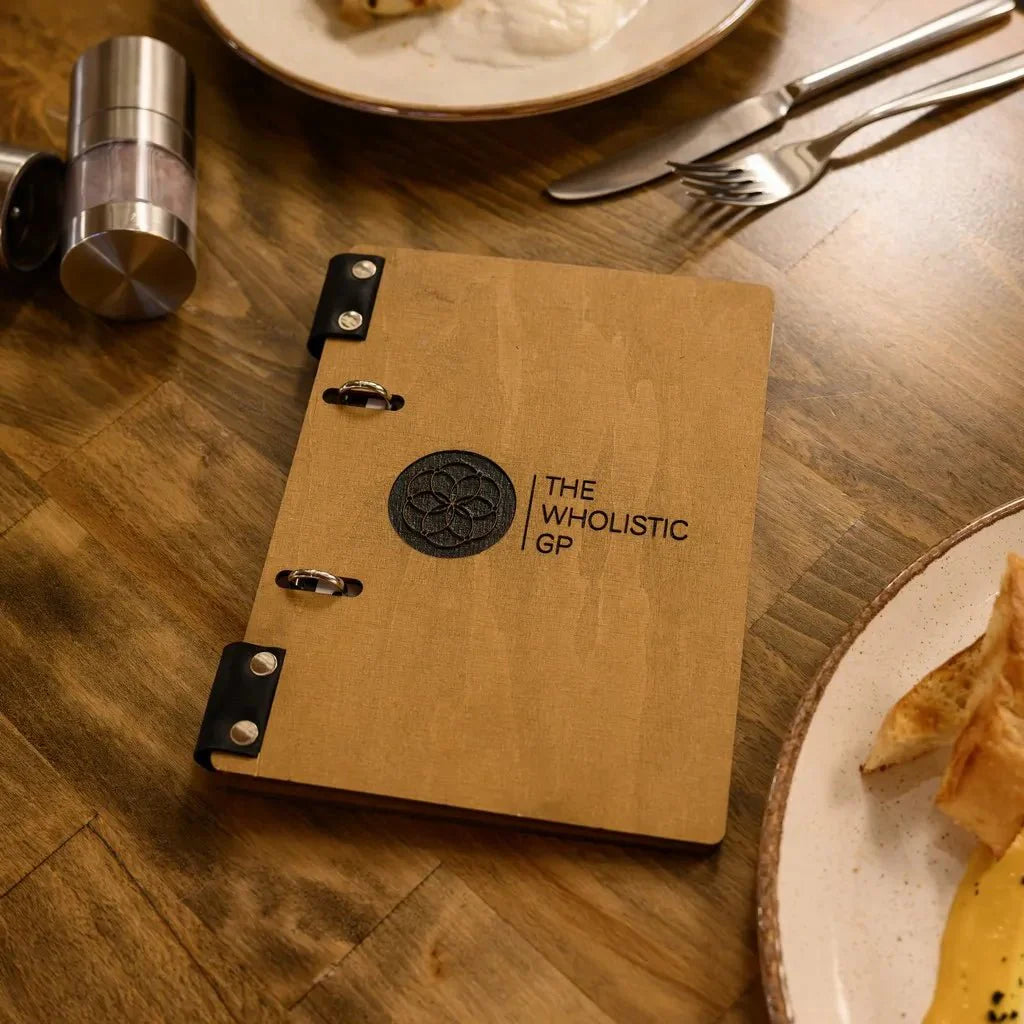 Upscale menu books featuring wooden craftsmanship.