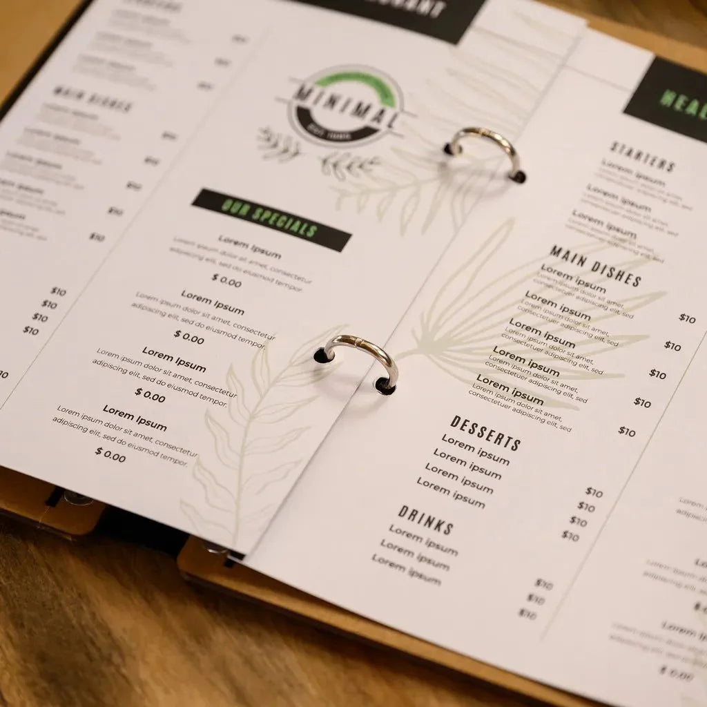 Rustic menu covers with vintage wood elements.