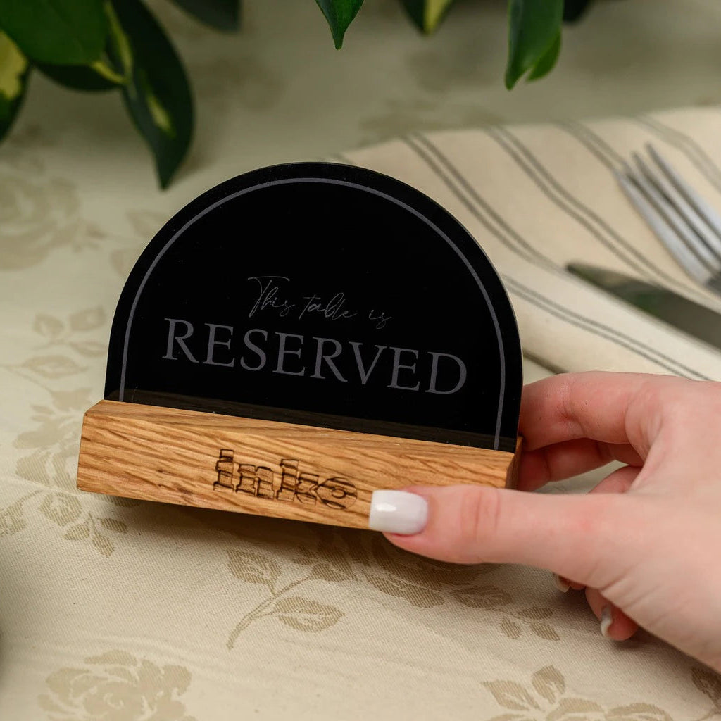 Elegant handcrafted 'Reserved' sign made of premium wood and black acrylic. A stylish and durable solution for restaurant table management and guest reservation