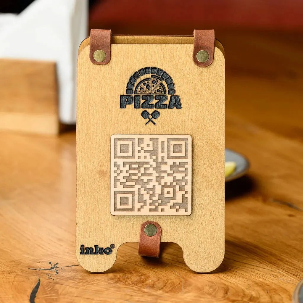 Handcrafted plywood QR menu stand with smooth edges.