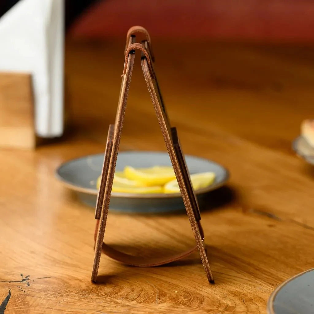 Modern plywood QR code stand with laser engraving.