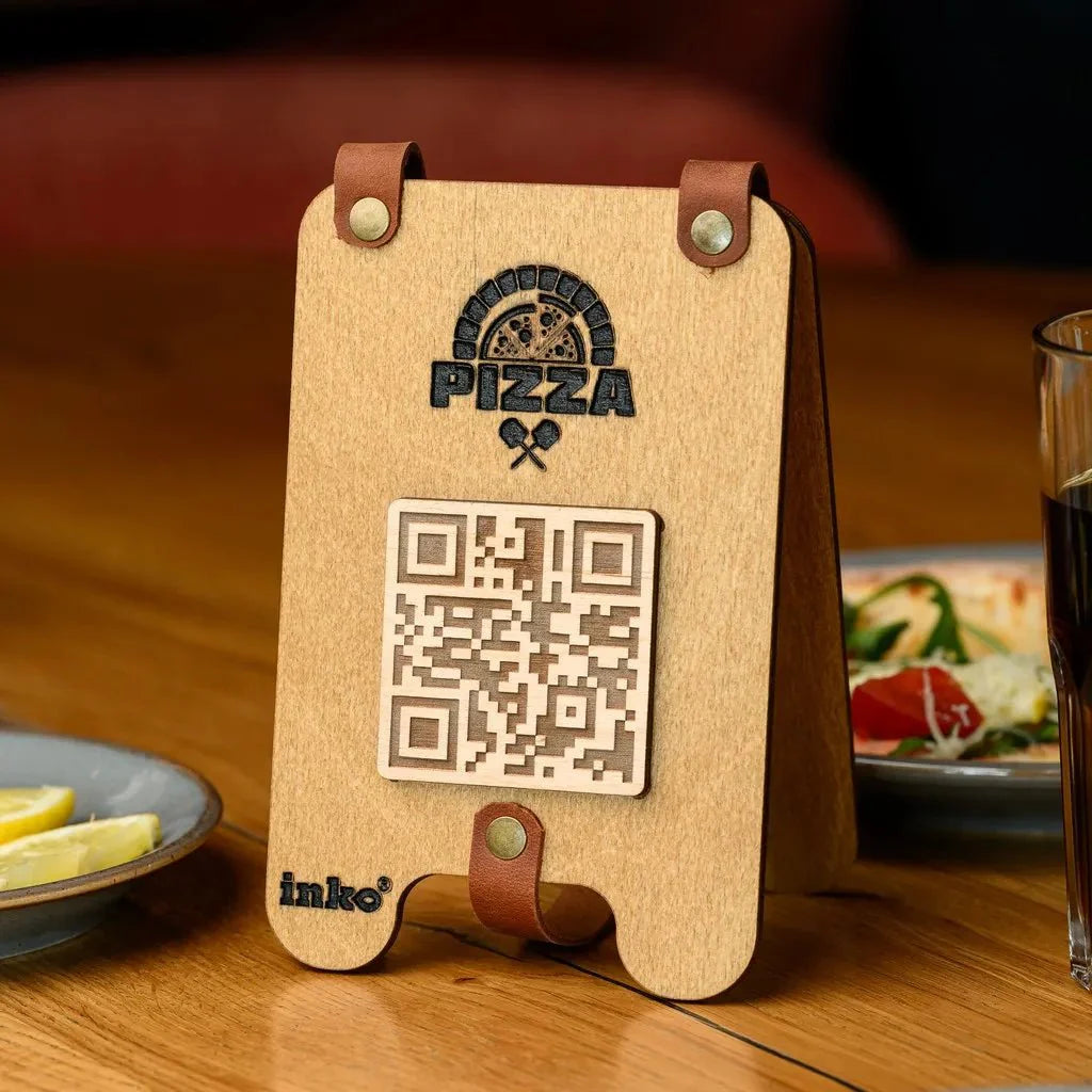 Elegant plywood QR display with a minimalist design.