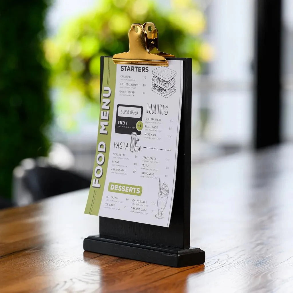Black Table Stand Menu Holder with Golden Coloured Clip (TT412A5) - inkohoreca - shop