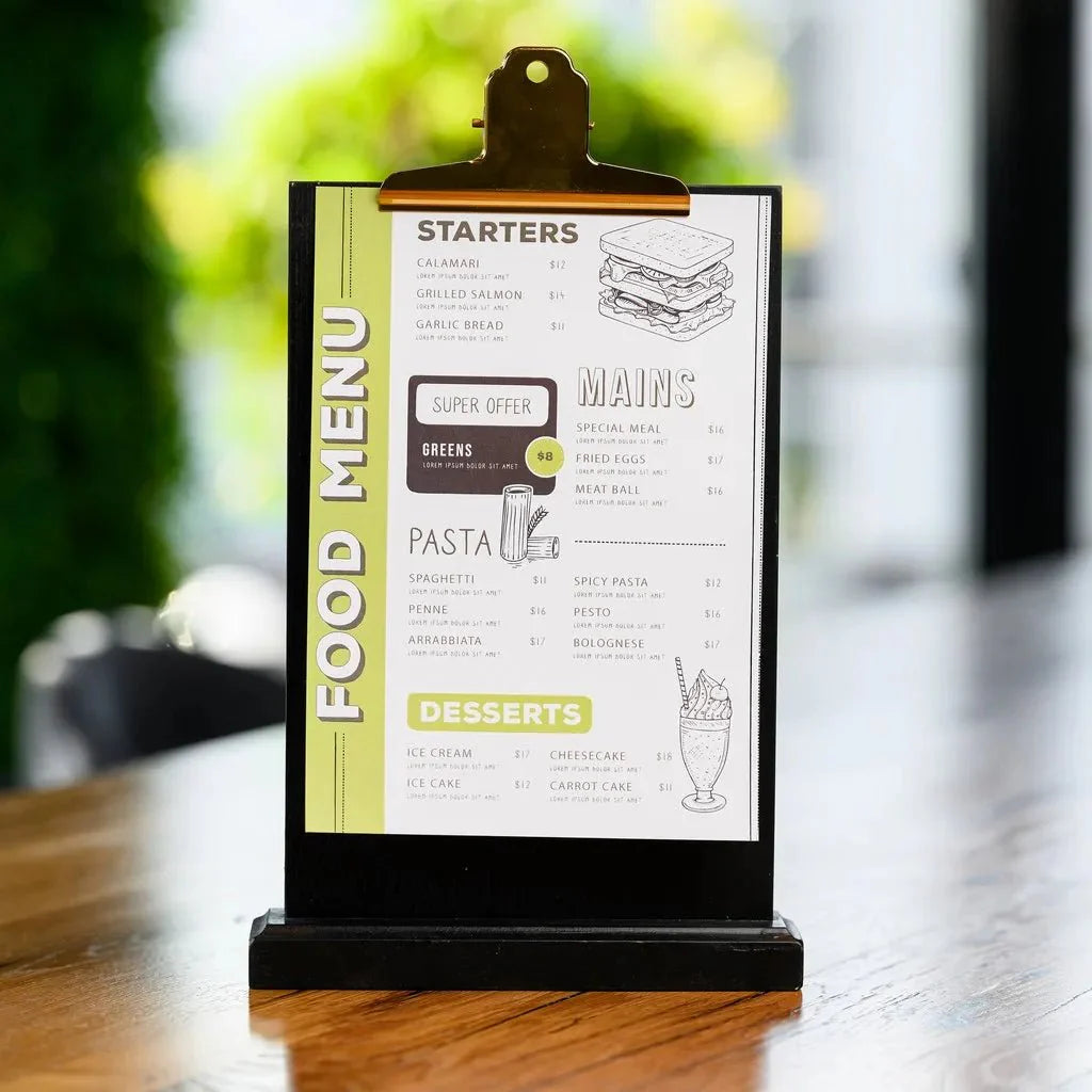 Black Table Stand Menu Holder with Golden Coloured Clip (TT412A5) - inkohoreca - shop