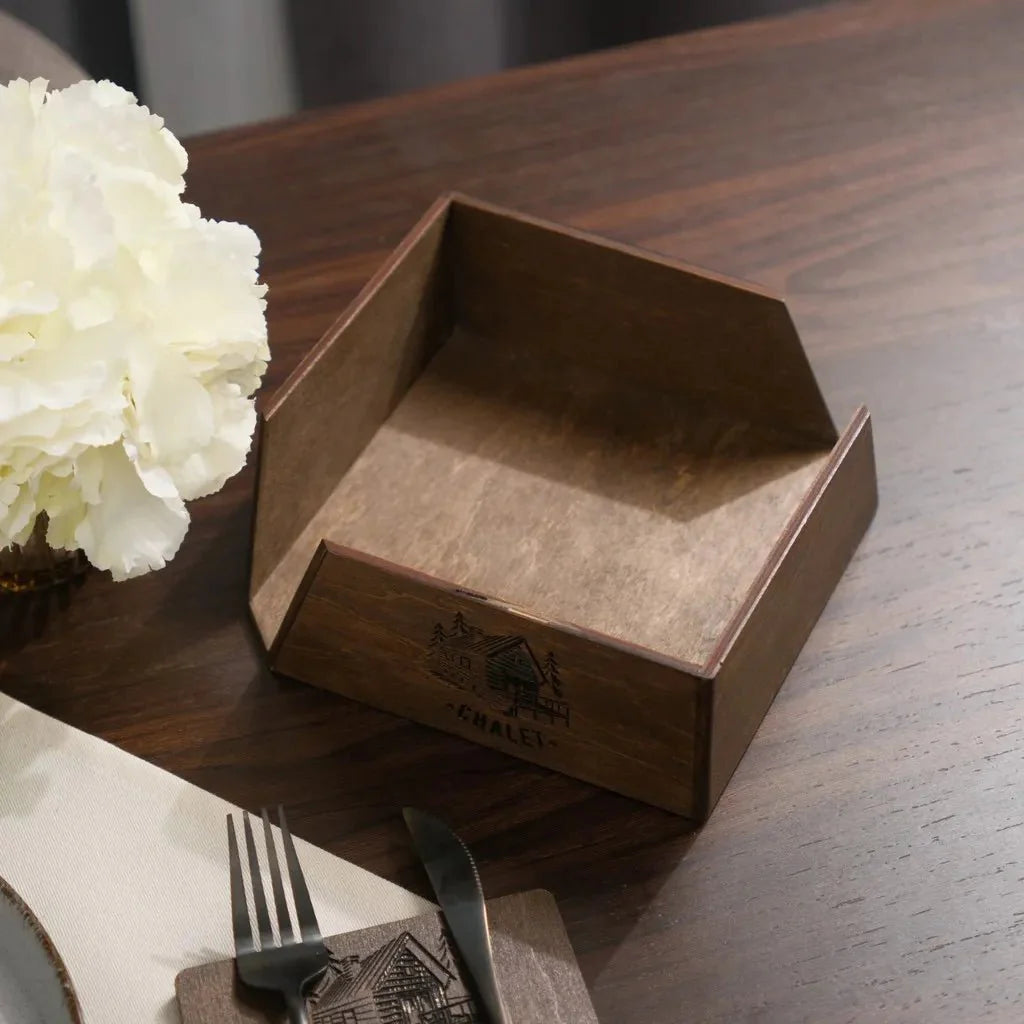 Custom engraved wooden napkin holder with logo.