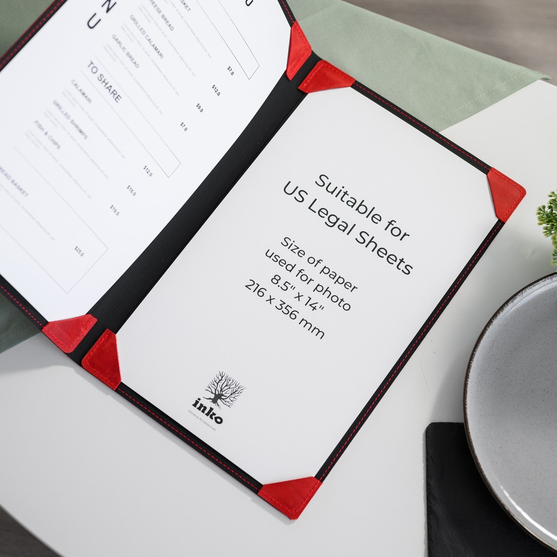 Hardcover Leather Menu Folder with Corner Mountings suitable for US Legal Sheets (LM08A1) - inkohoreca - shop