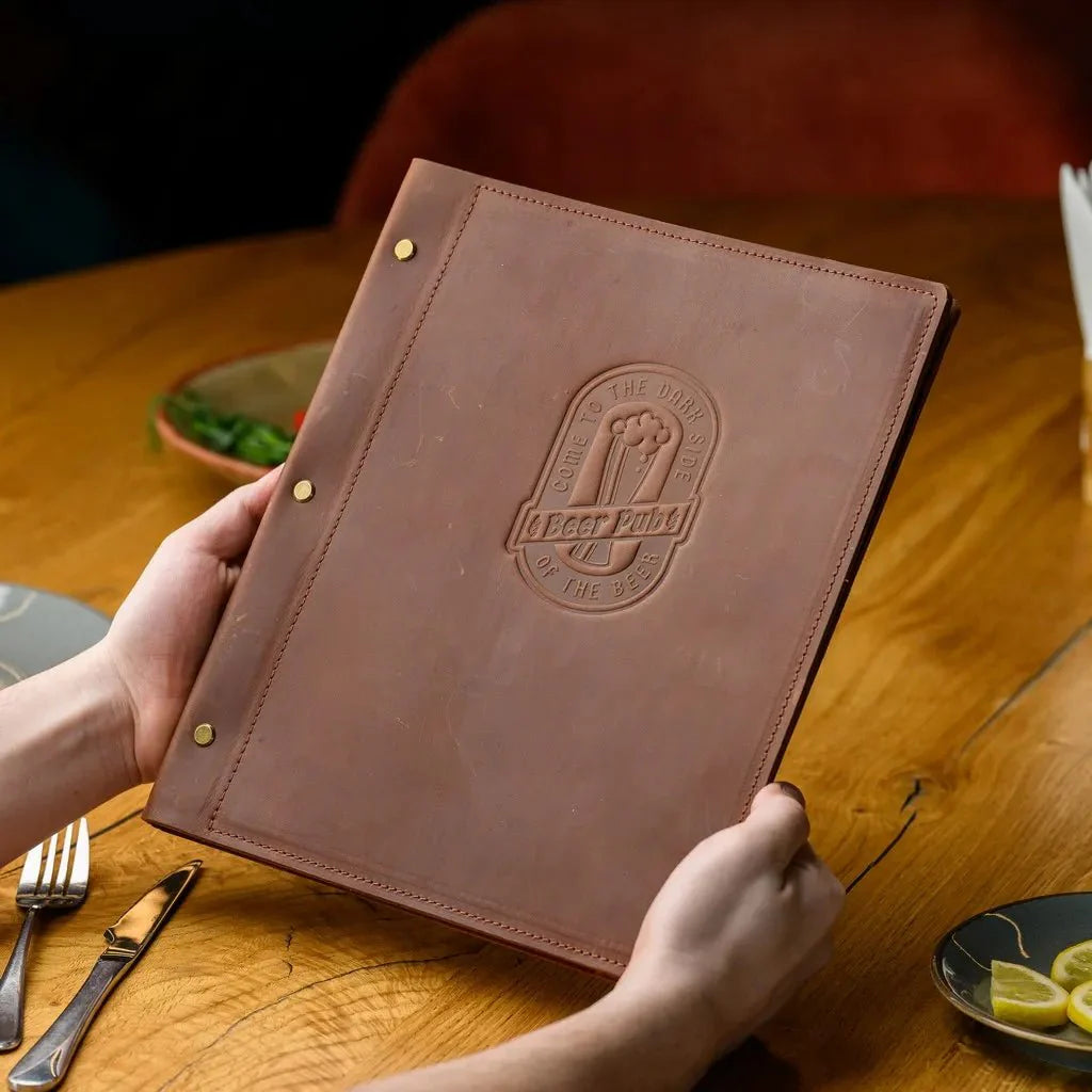 Classic restaurant cover with soft-touch leather.