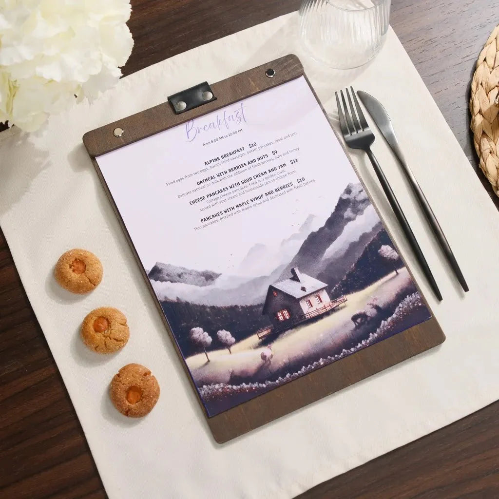 Exclusive wooden menu holder with custom laser branding.
