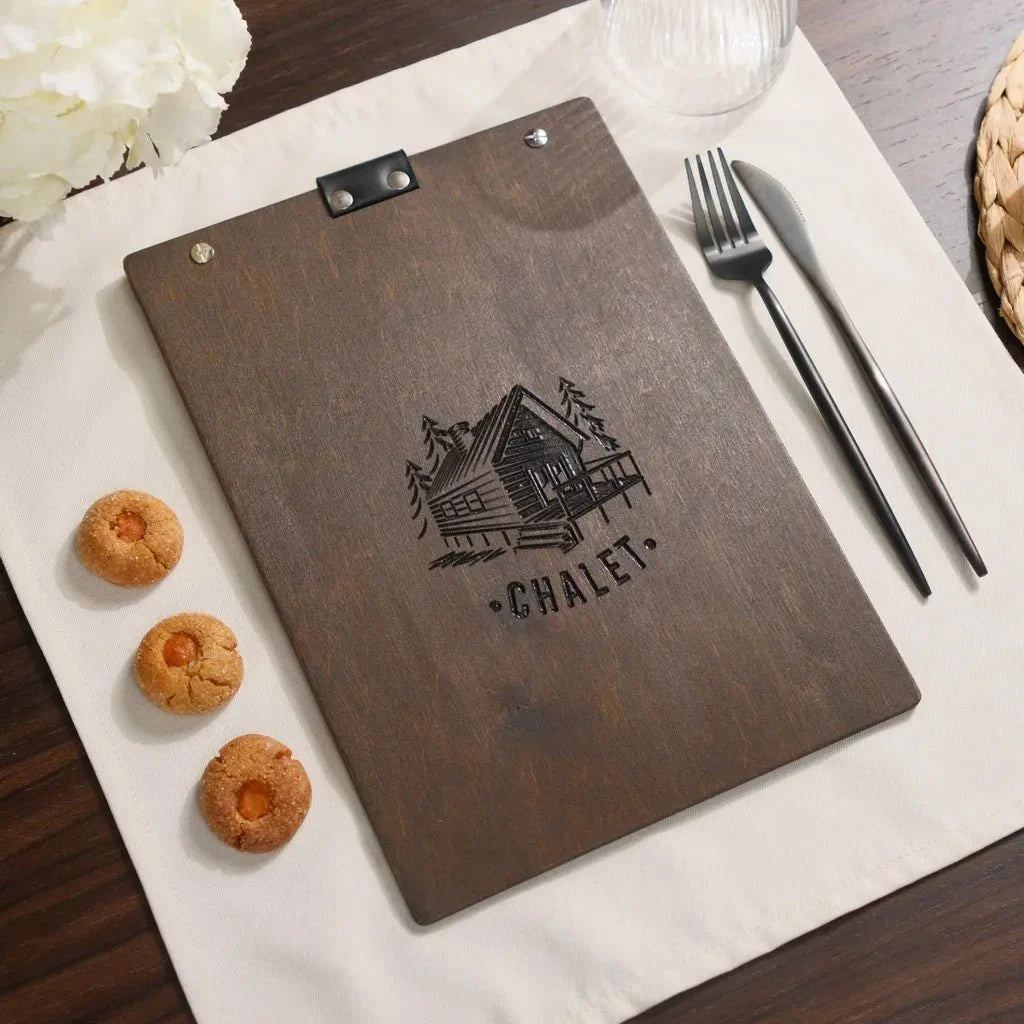 Professional engraved wooden menu case for fine dining venues.