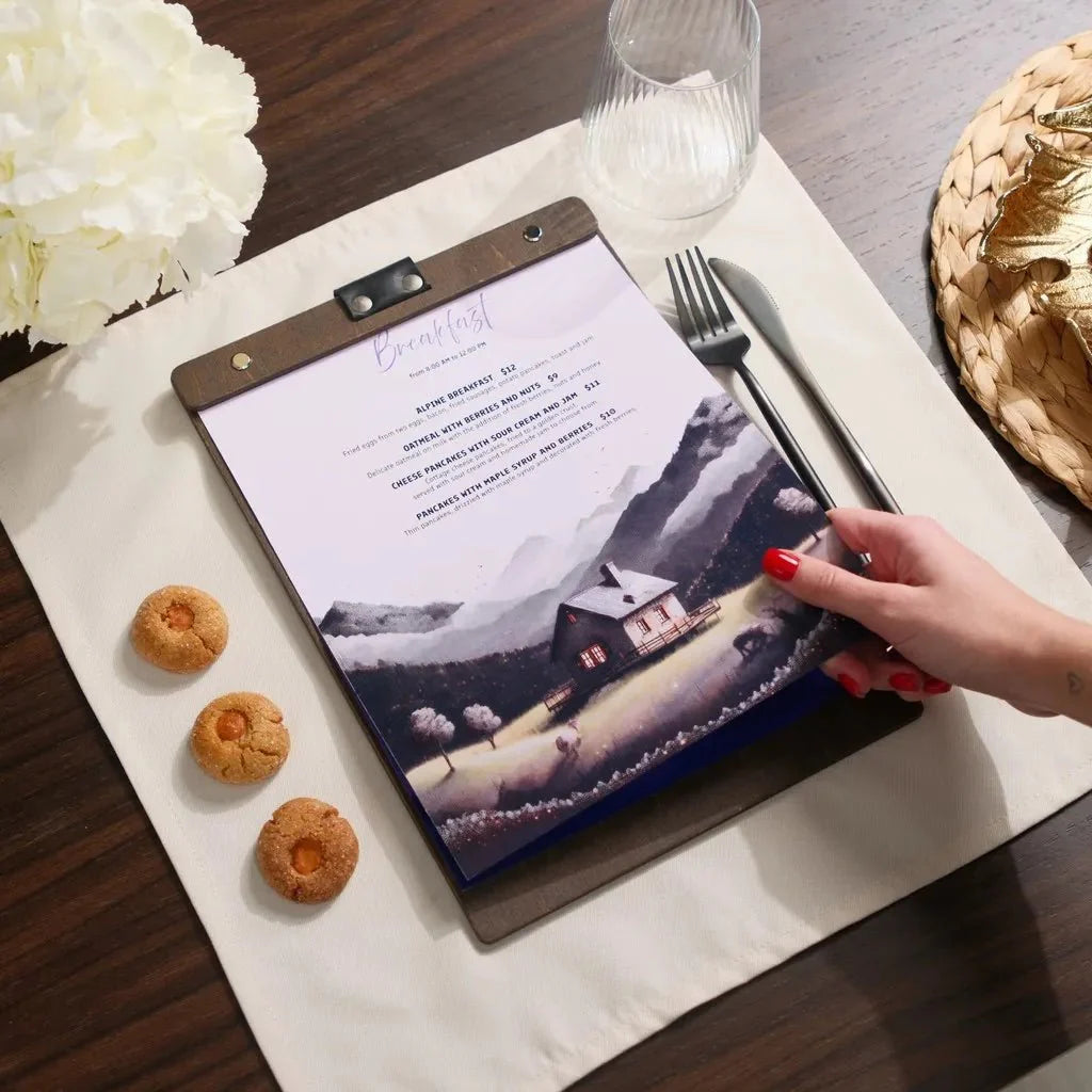 Personalized wood menu sleeve with fine logo etching.