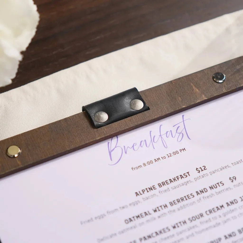 Classic restaurant wood menu cover with a timeless design.