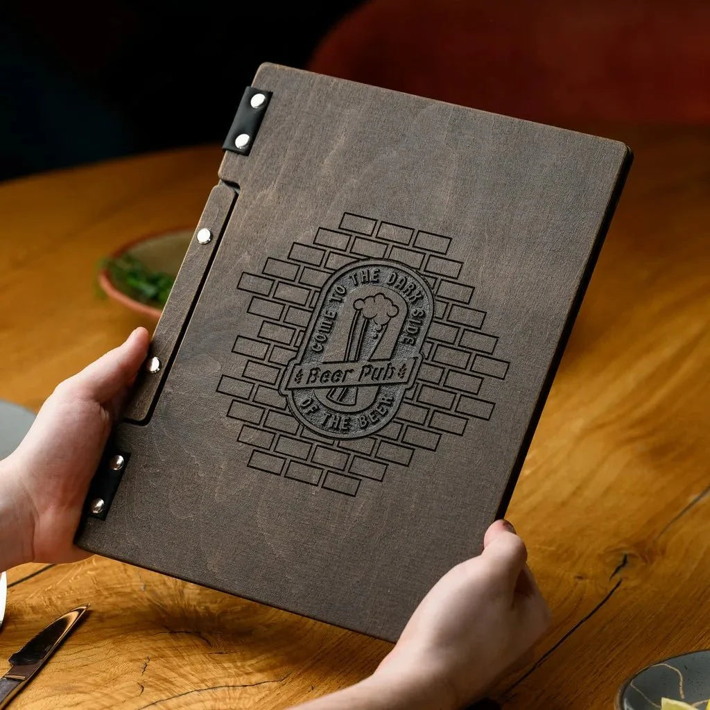 Unique wooden menu folders for restaurants with classic design.