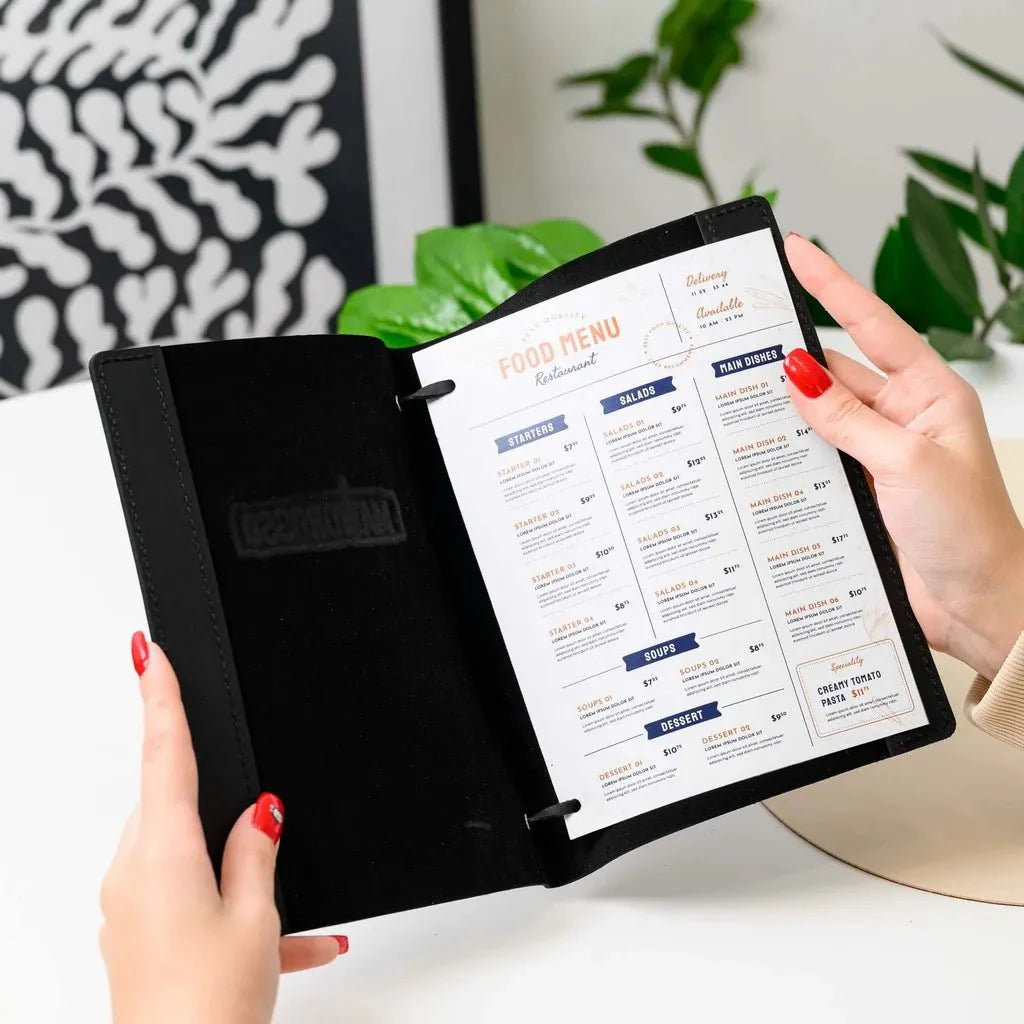 Stylish menu book with a durable leather binding.