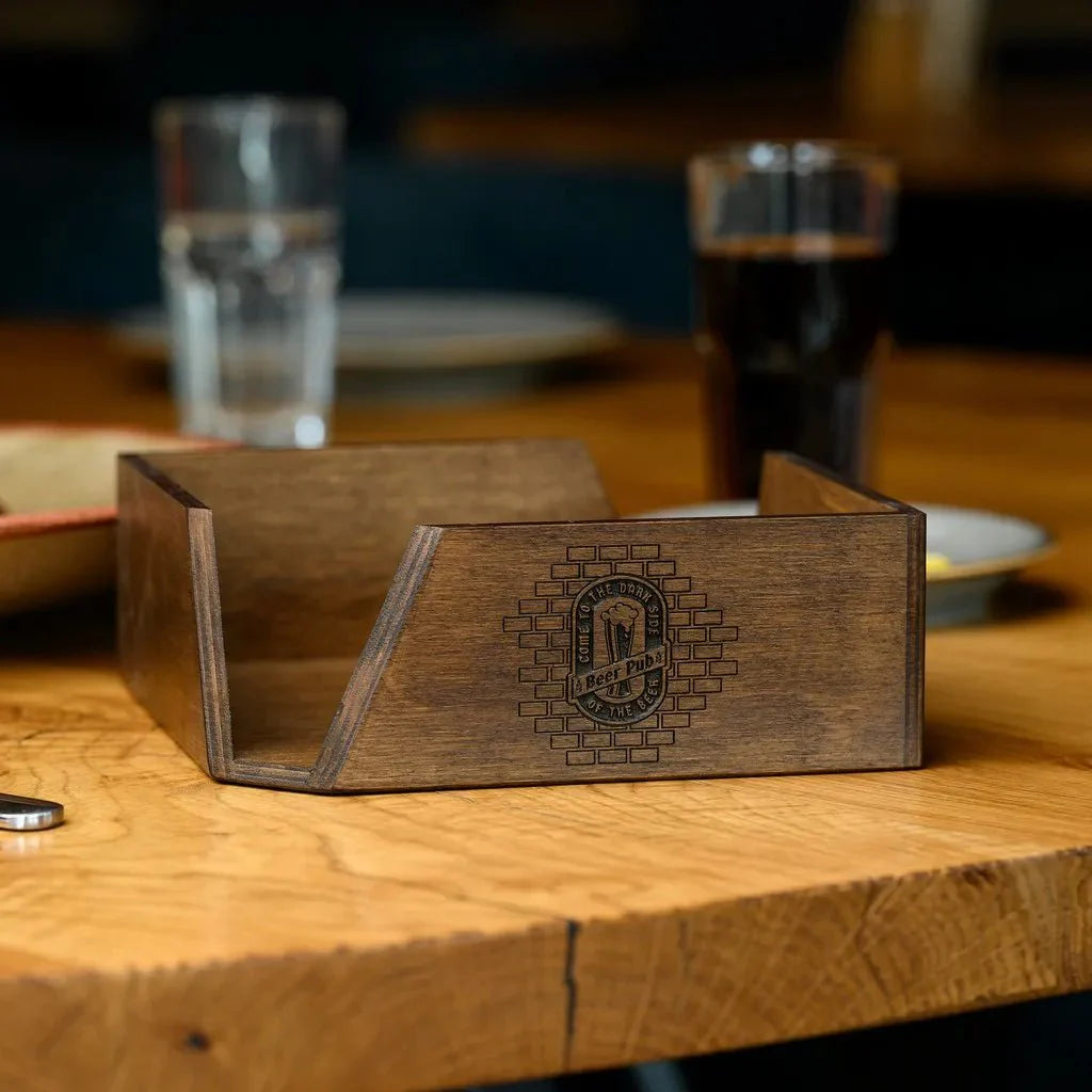 Durable engraved napkin holder with a sleek finish.