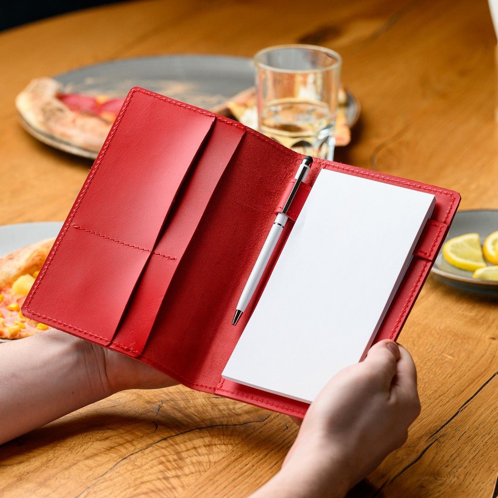 Lightweight and compact Capri leather notebook for hospitality professionals, ensuring easy access to notes and order details during service.