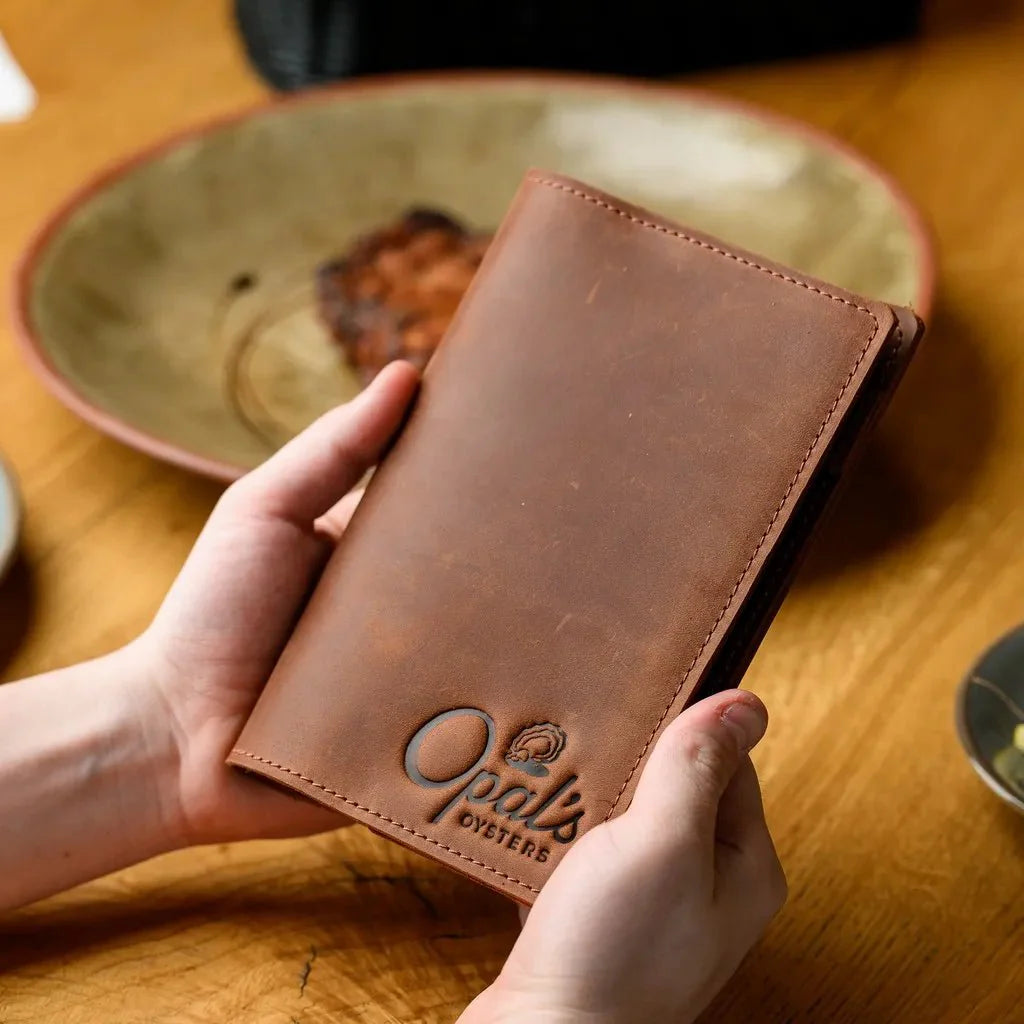 Stylish and durable Crazy Horse leather notebook for waiters, designed to store order slips, notes, and reminders securely.