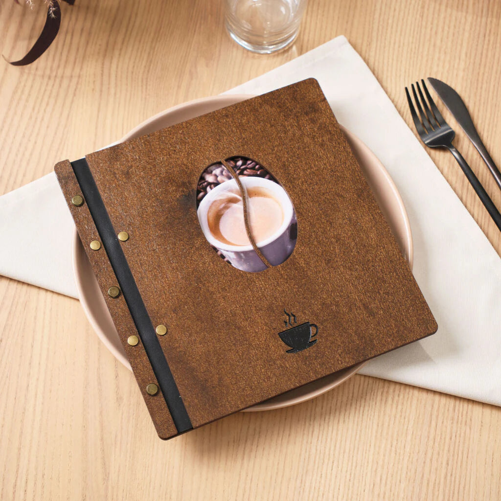 Detailed macro of the textured walnut 
wood grain on a custom menu cover 