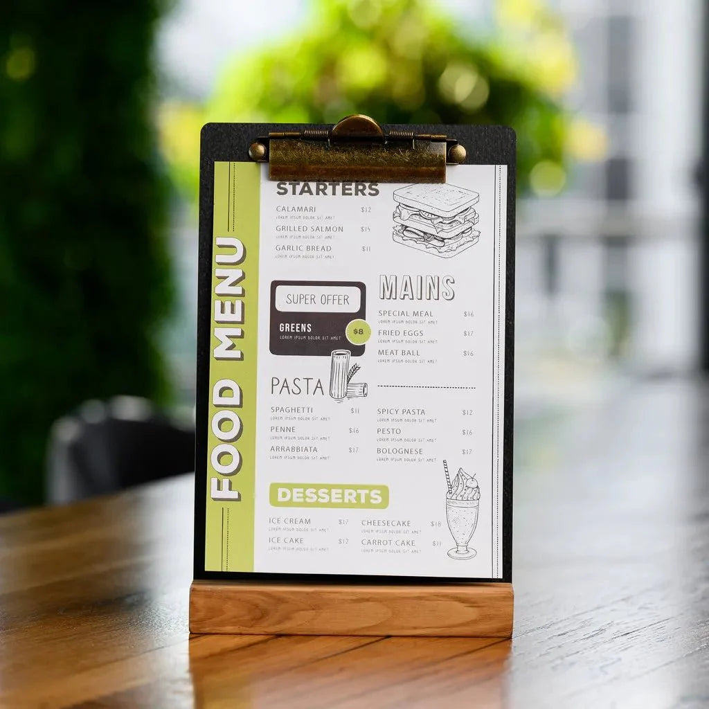 Table Stand Menu Holder in Wenge color for A5 Sheets with Brass Binder (TT420A5) - inkohoreca - shop