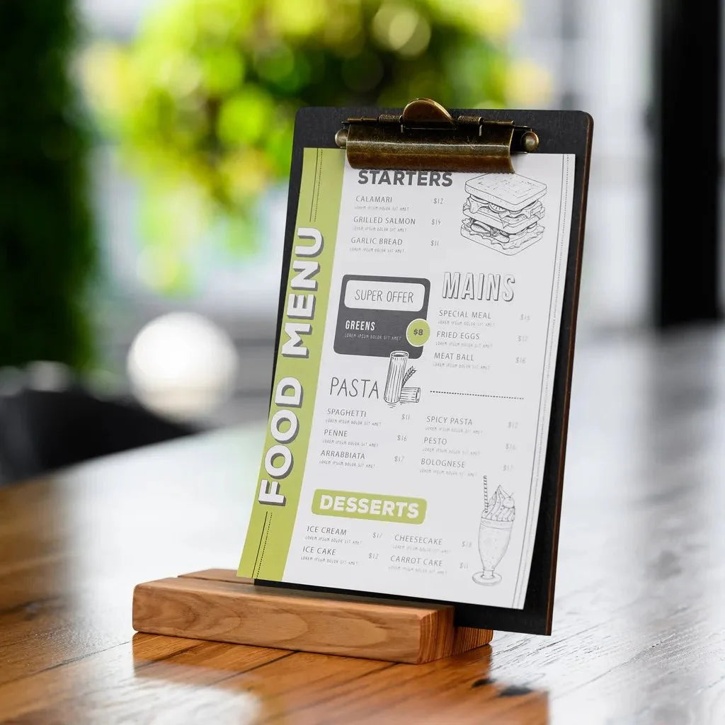 Table Stand Menu Holder in Wenge color for A5 Sheets with Brass Binder (TT420A5) - inkohoreca - shop