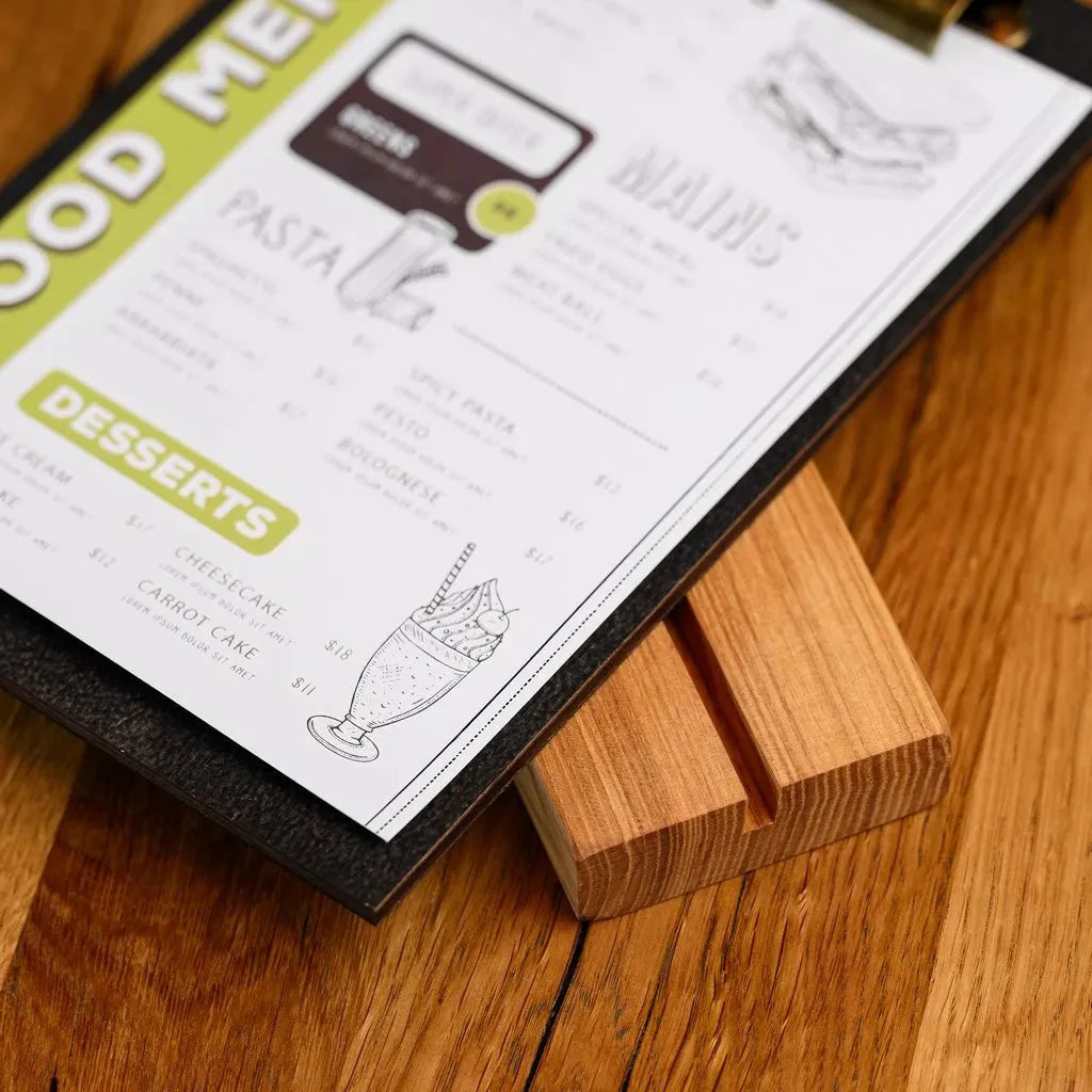 Table Stand Menu Holder in Wenge color for A5 Sheets with Brass Binder (TT420A5) - inkohoreca - shop