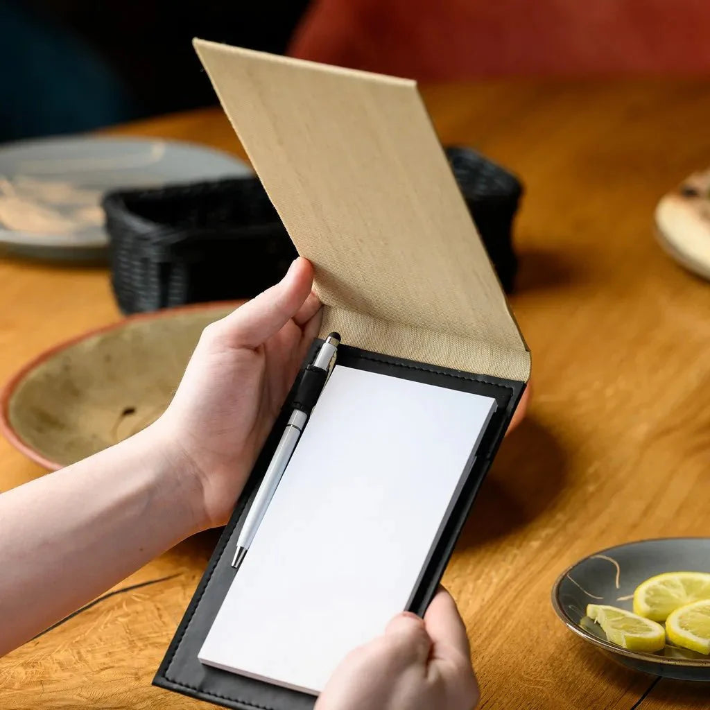 Textile Notebook with a hardcover back for waiters, offering a reliable, easy-to-carry tool to manage orders, record important notes, and enhance organization throughout busy shifts.