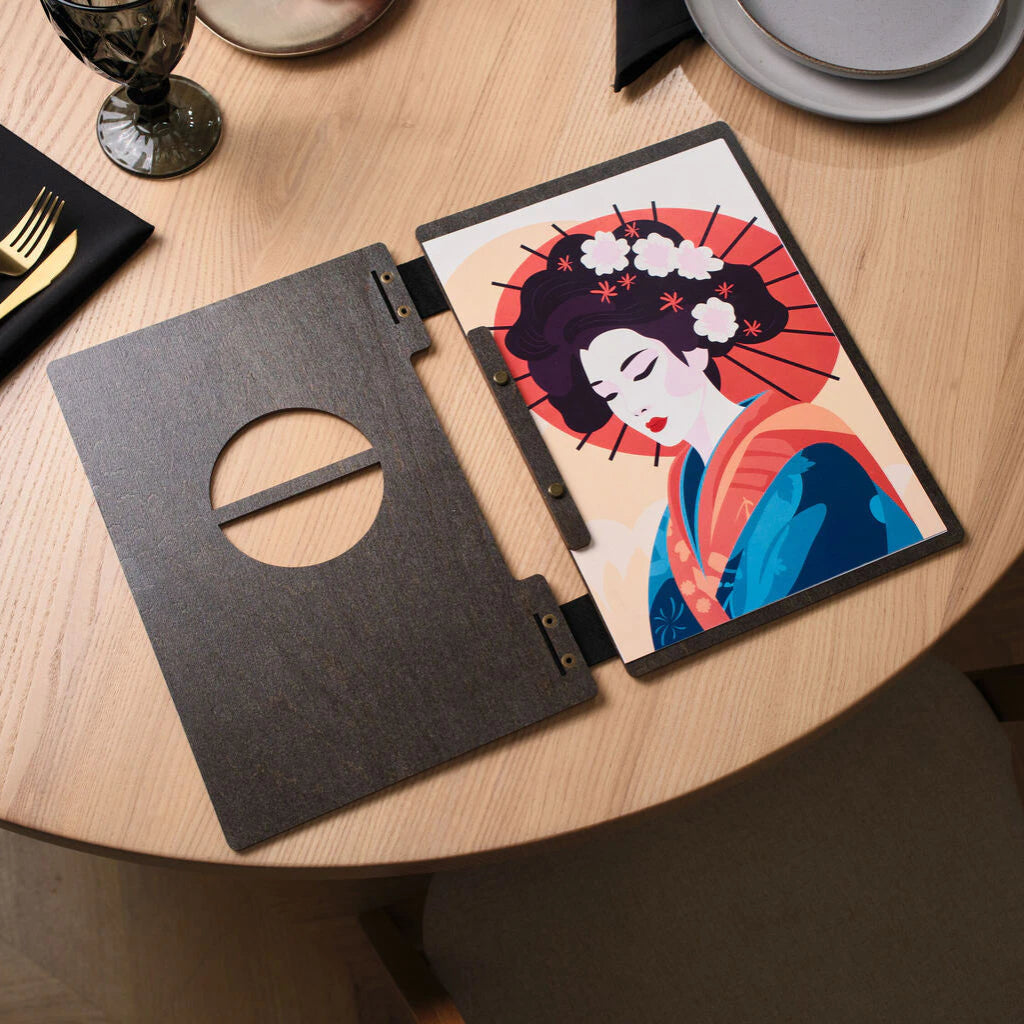 An open wooden menu folder displaying a full-page illustration of a geisha in traditional kimono