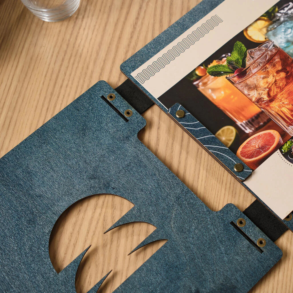 Rear view of the screw-post assembly on a blue wooden menu cover, highlighting the professional finish and sturdy construction.