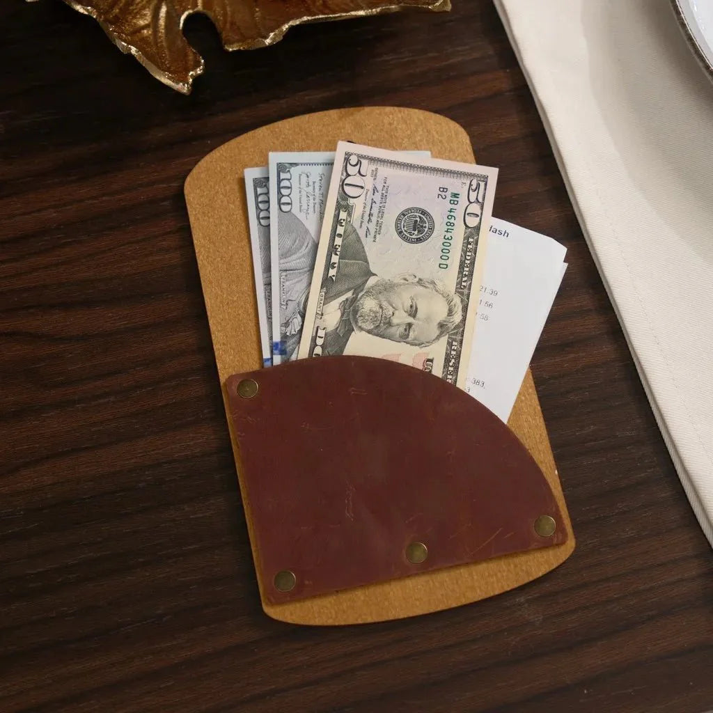 Customizable wooden check holder with personalized branding.