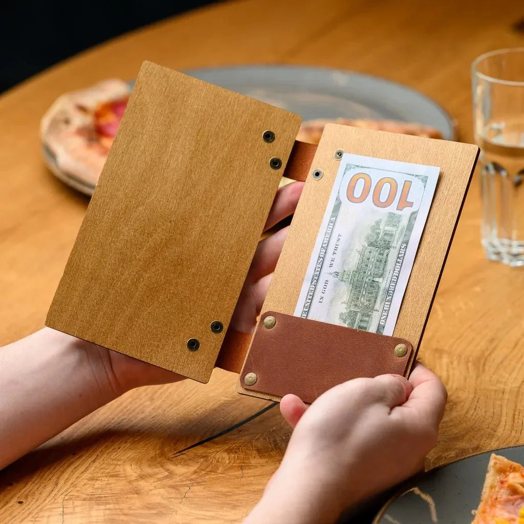 Classic wooden check holder for a rustic touch.