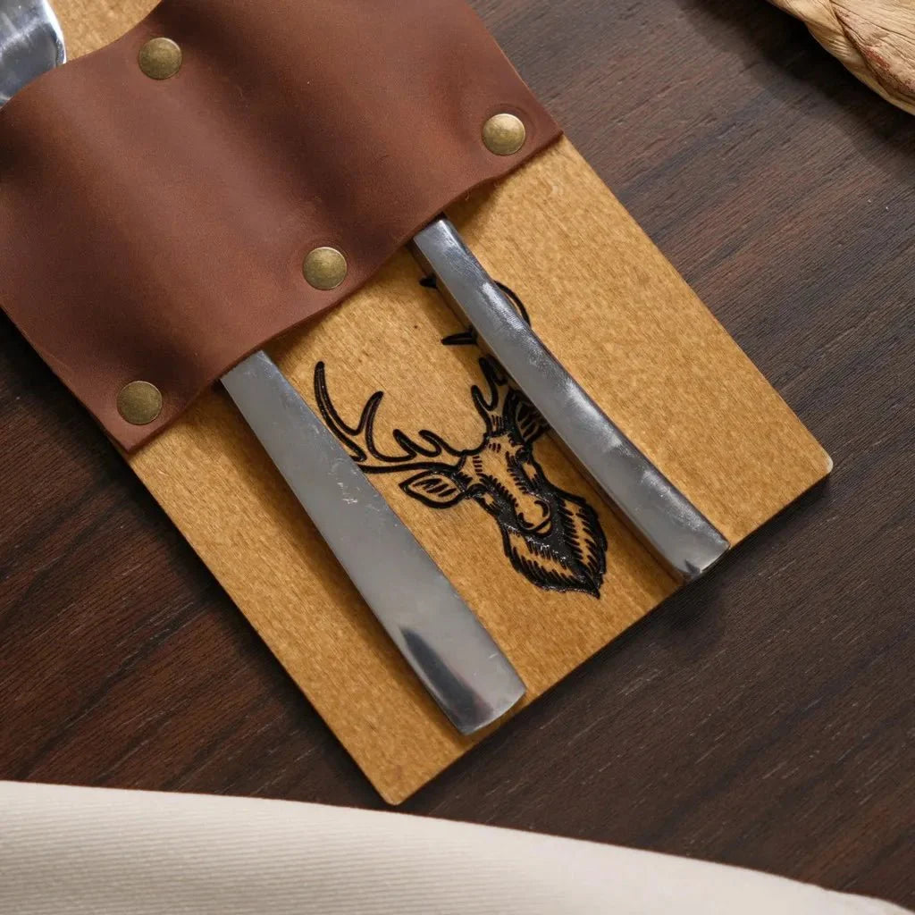 Rustic wooden silverware holder for a cozy atmosphere.