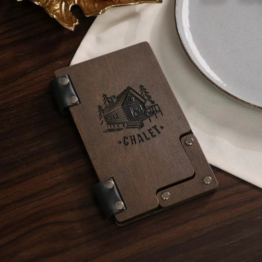 Stylish engraved wooden check holder for upscale venues.
