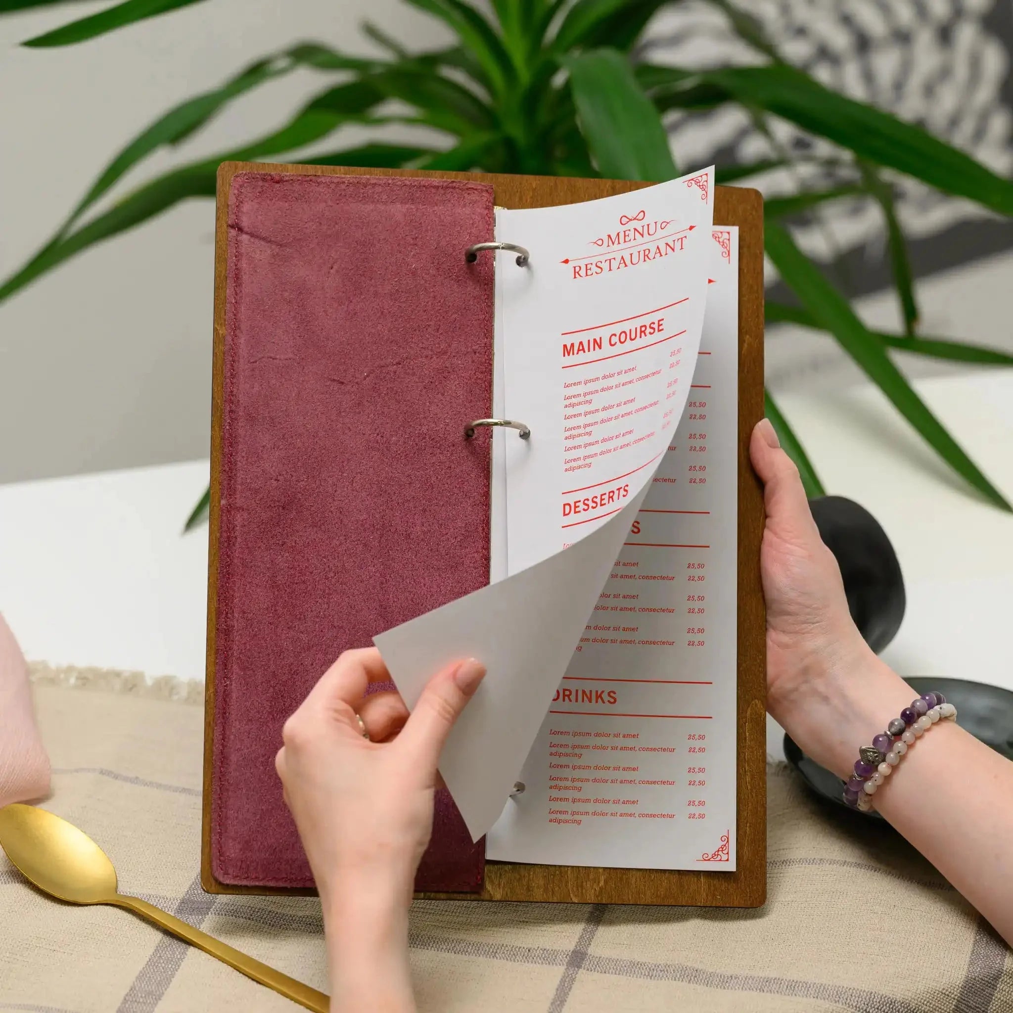Wooden Menu Board with Ring Binder and Leather Cover (P06A4) - inkohoreca - shop