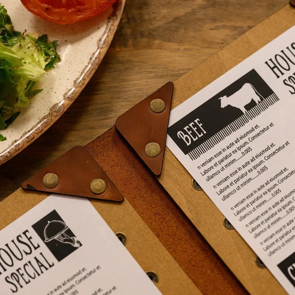 Classic wooden menu folder for a rustic touch.